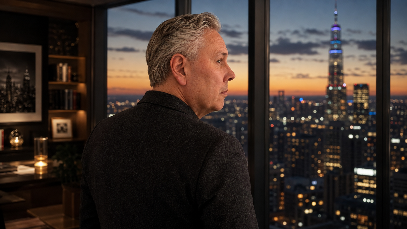 A man at a window above a city skyline at dusk, looking out over the lights
