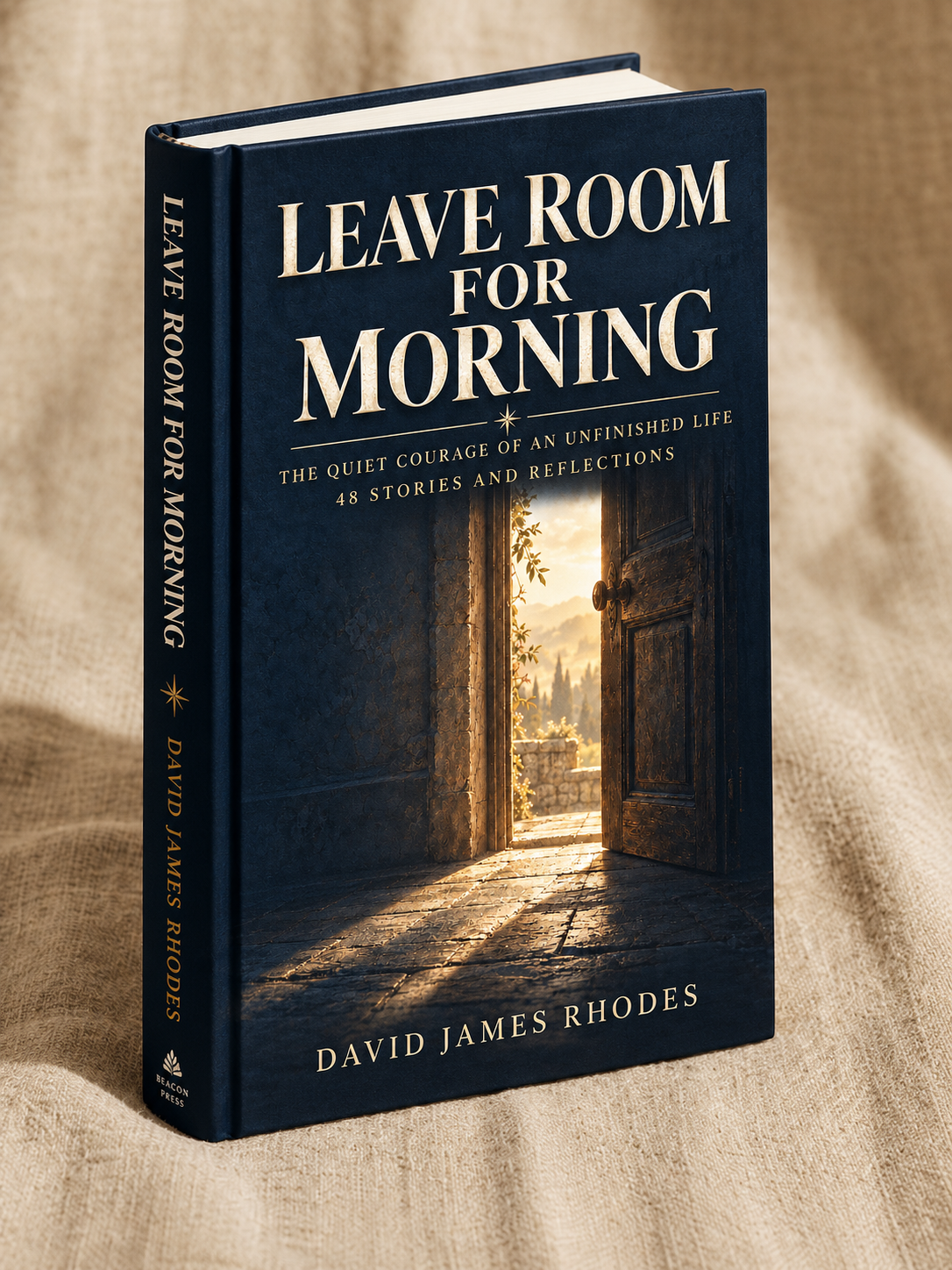 Leave Room for Morning by David James Rhodes, dark navy hardcover with gold serif lettering and a stone doorway opening onto dawn